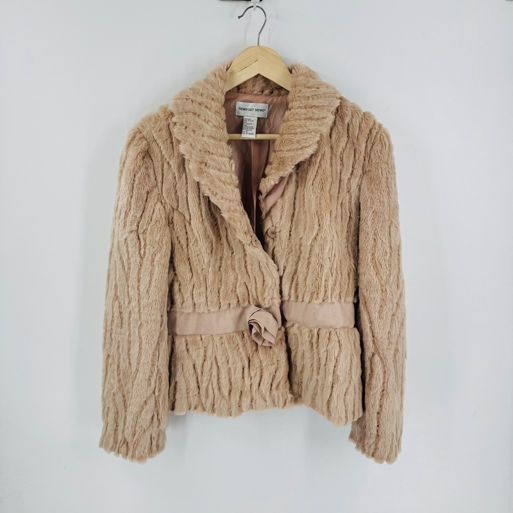 Vintage Y2K‎ Newport News Faux Fur Jacket Beige Rosette Belted Jacket Size 12